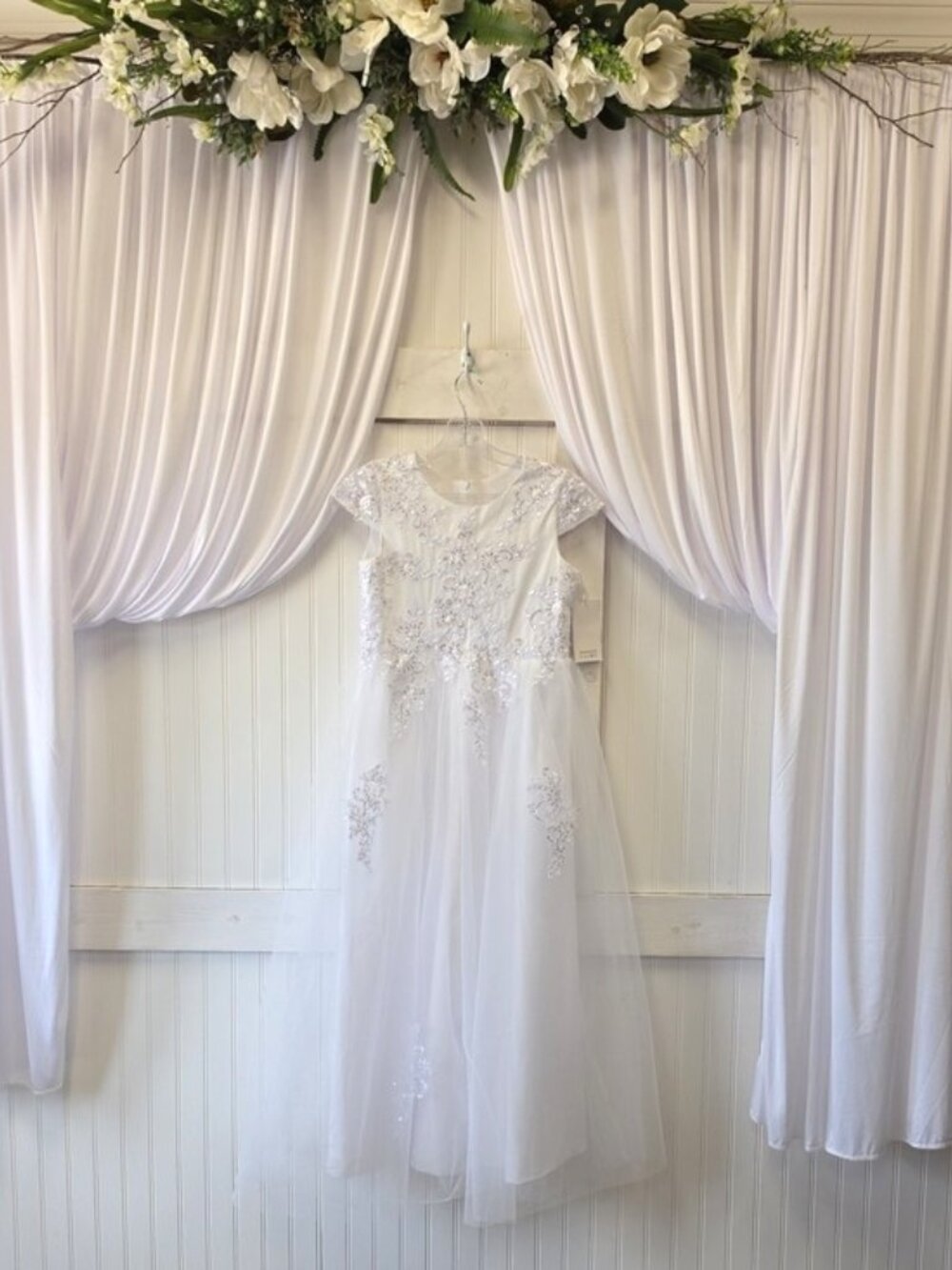 NWT Girls White Embellished Embroidered Cap Sleeve Tulle Maxi Dress Size 12